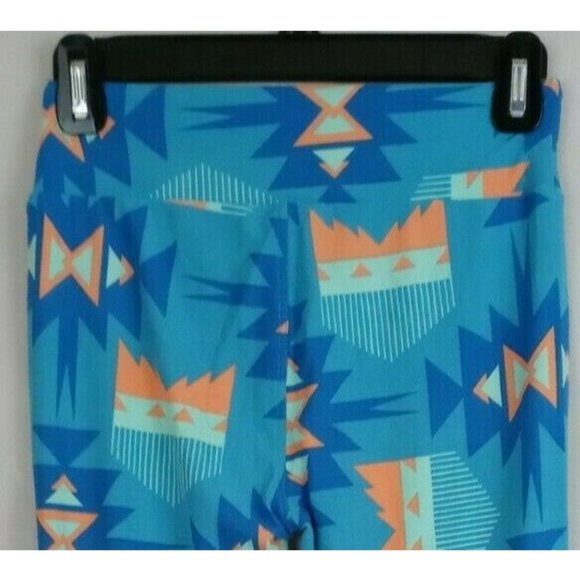 New LuLaRoe One Size Leggings Blue & Peach With Aztec Design - Picture 1 of 6